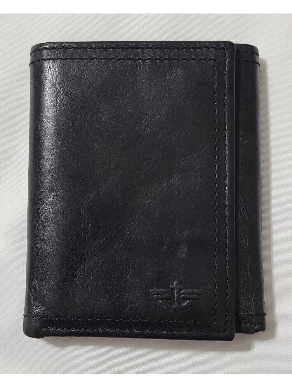 Dockers Genuine Leather Trifold Wallet Black ID Window CC Holder 6 Card Slot GUC